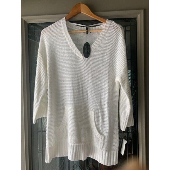 NWT Cupio Women's Large White Sweater V-Neck Loose Knit Long Beach - Picture 11 of 13
